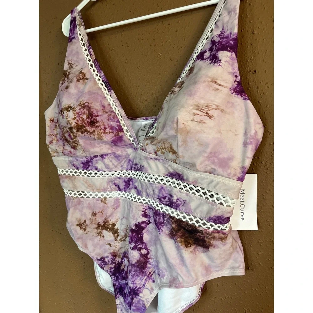 MeetCurve Purple Tie Dye Lattice One Piece Swimsuit Plus Size 4XL New